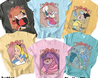 Aangepaste vintage Alice In Wonderland-personages aquarel T-shirt, Disney Bestie bijpassende T-shirt, Disney Alice In Wonderland Coquette Bow-shirt