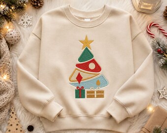 Geborduurd kerstboom-sweatshirt, retro kersttrui, kleurrijke kerstboom-trui met ronde hals, minimalistisch feestshirt, kerstcadeau