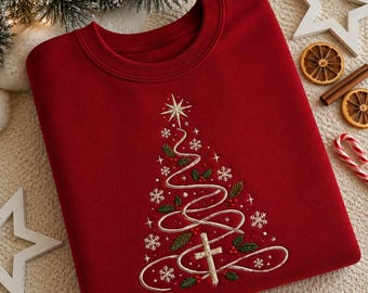Geborduurd kersttrui, trui met kerstboomborduurwerk, feestelijke trui, kerstboomtrui, feestelijk kerstcadeau