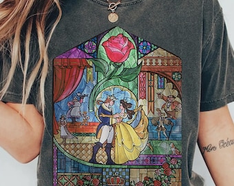 Disney Beauty & The Beast Stained Glass T-Shirt, Disney Mom Gift, Disney Princess Tee, Enchanted Rose Shirt, Belle Castle Window Tee