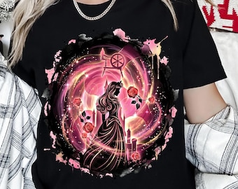 Camiseta vintage con arco de rosas rosadas mágicas de Aurora, atuendo de princesa Disney, camiseta con silueta de la Bella Durmiente de Disney, camiseta de viaje para niñas a Disneyland