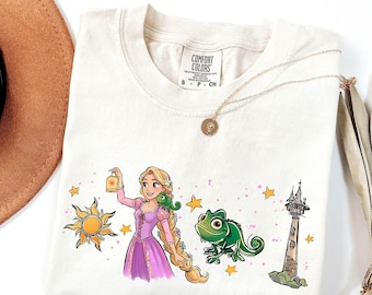 Retro Watercolor Rapunzel Tangled Shirt, Girly Aesthetic Girls Trip Gift Vacation, Flynn Rider Disney Tee, Princess Sketch Tee with Pascal