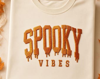 Spooky Vibes geborduurde sweater, Halloween trui met ronde hals, griezelige trui voor het Halloweenseizoen, herfst Halloween sweater, leuk Halloween cadeau