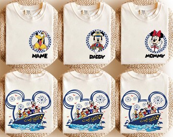 Camisetas retrô da Disney para famílias em cruzeiros, camisetas combinando para férias com o Mickey e seus amigos, camisetas para viagem à Disney, camisetas personalizadas com nome para mamãe, papai e filhos.