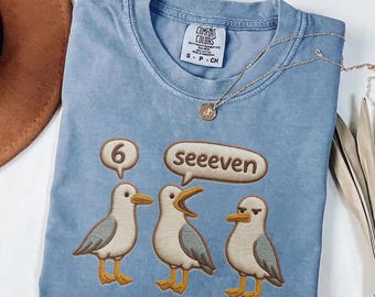 Geborduurd grappig meeuwen T-shirt, meeuwen T-shirt, kuststrandshirt, cadeau voor oceaanliefhebbers, grappig vogelshirt, vintage zomer T-shirt