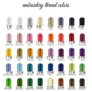 May include: A color chart titled embroidery thread colors displaying forty numbered spools of thread in various shades including white, pink, red, yellow, purple, blue, green, and brown, each labeled with its specific color name below the spool.