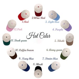 May include: Twelve baseball caps arranged in a circle, each featuring a white crown and a colored brim. The colors include red, wine red, light blue, purple, khaki, army green, denim blue, black, navy blue, coffee brown, dark green, and pink.