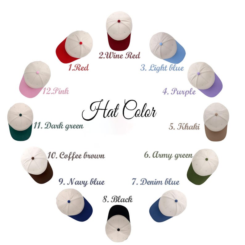 May include: Twelve baseball caps arranged in a circle, each featuring a white crown and a colored brim. The colors include red, wine red, light blue, purple, khaki, army green, denim blue, black, navy blue, coffee brown, dark green, and pink.