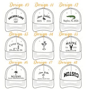 May include: A collection of nine white baseball caps arranged in a grid, each featuring a unique black graphic design and text labels ranging from Design 10 to 18, including illustrations of a compass, flamingo, alligator, tent, martini, lobster, and palm tree.