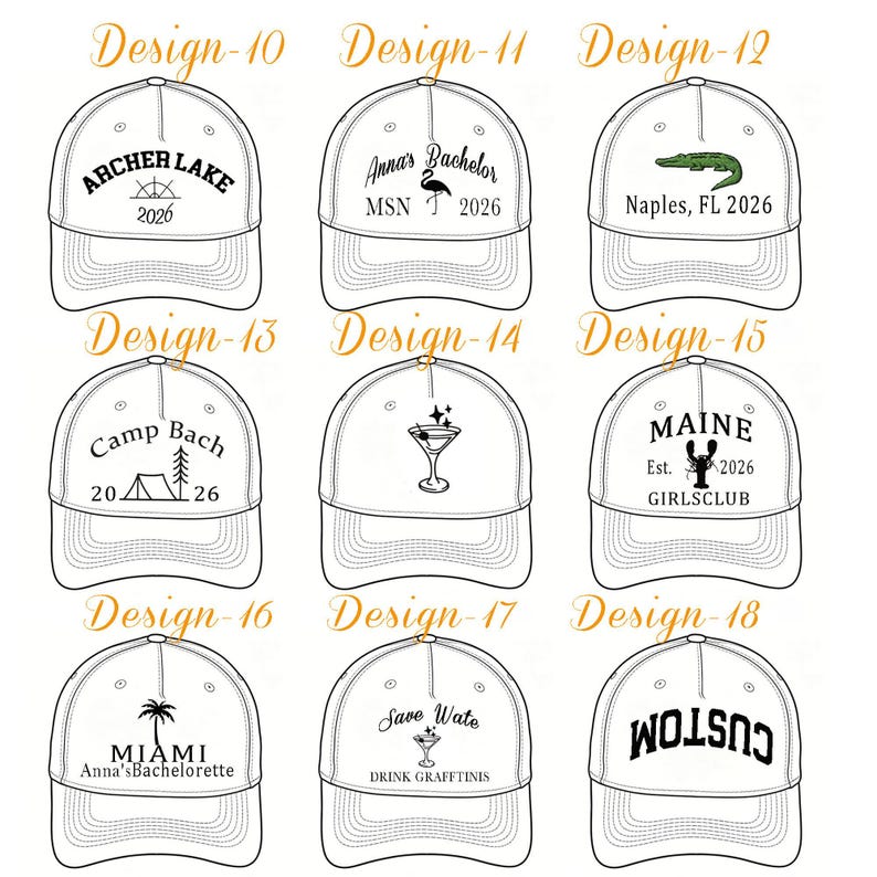 May include: A collection of nine white baseball caps arranged in a grid, each featuring a unique black graphic design and text labels ranging from Design 10 to 18, including illustrations of a compass, flamingo, alligator, tent, martini, lobster, and palm tree.