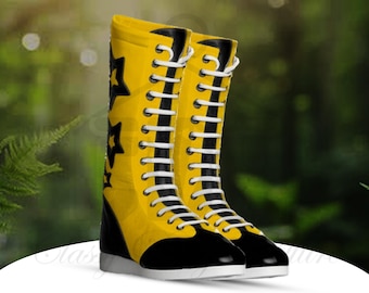 Customize Wrestling Boots With Fashion Stars, Men's Women Pro Wrestling Long Leather Boots, Men's Women Pro Wrestling Black Yellow Boots