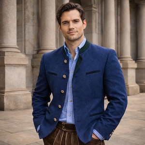 May include: A navy blue wool jacket with gold buttons and black trim. The jacket is worn over a light blue checkered shirt with a green collar. The jacket is paired with brown leather trousers.