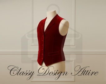 May include: A deep red velvet vest displayed on a mannequin. The vest has a classic design with a notched lapel, a button-down front, and a small pocket. The text "Classy Design Attire" is at the bottom of the image.