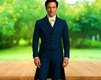 Elegant 18th Century Blue Tailcoat Men's Suit | Historical Formal Coat | Vintage Victorian Gentleman Wedding Outfit | Costume Attire