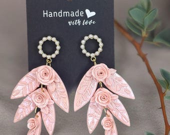 polymer clay pink rose earrings
