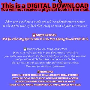 Puede incluir: Anuncio de descarga digital con texto rojo y blanco sobre fondo azul. El texto incluye informaci&oacute;n sobre el libro para colorear digital, el acceso a archivos e instrucciones de impresi&oacute;n. El t&iacute;tulo es "Please Note".