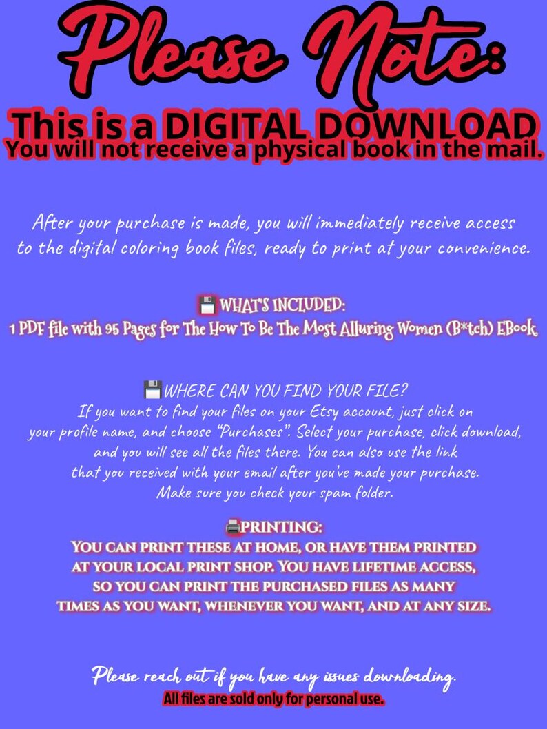 Puede incluir: Anuncio de descarga digital con texto rojo y blanco sobre fondo azul. El texto incluye informaci&oacute;n sobre el libro para colorear digital, el acceso a archivos e instrucciones de impresi&oacute;n. El t&iacute;tulo es "Please Note".