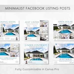 May include: Six minimalist Facebook listing posts for real estate. Each post features a different status: Coming Soon, Just Listed, Open House, Price Improvement, Under Contract, and Just Sold. Each post includes a photo of a house with a swimming pool, the address, and the agent's name.