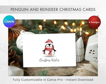 Christmas Cards Digital Download, 4 Printable Holiday Cards, Penguin & Reindeer Designs