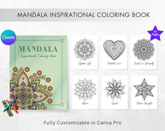 Mandala Inspirational Coloring Book - Editable in Canva, Printable, Gift, Stress Release, Digital File