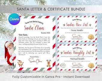 Santa Letter Template Digital Download, Printable Gift, Santa and Reindeer Designs, Naughty and Nice List Certificates, Santa Key, Gift