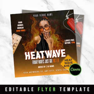 Könnte beinhalten: Ein Flyer für eine Party namens "Heatwave" mit einer Frau in Sonnenbrille und einem schwarzen Oberteil vor einem Hintergrund aus Flammen. Der Flyer lautet "Friday Nights Just Got Hotter" und "Music by | DJ Name".