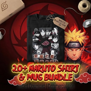 May include: A black t-shirt featuring a graphic print of multiple anime characters in a grid layout, a red cloud symbol, and Japanese text. A brown paper tag attached to the collar reads NARUTO AKATSUKI SQUID TEE. The text 20+ NARUTO SHIRT & MUG BUNDLE is visible.