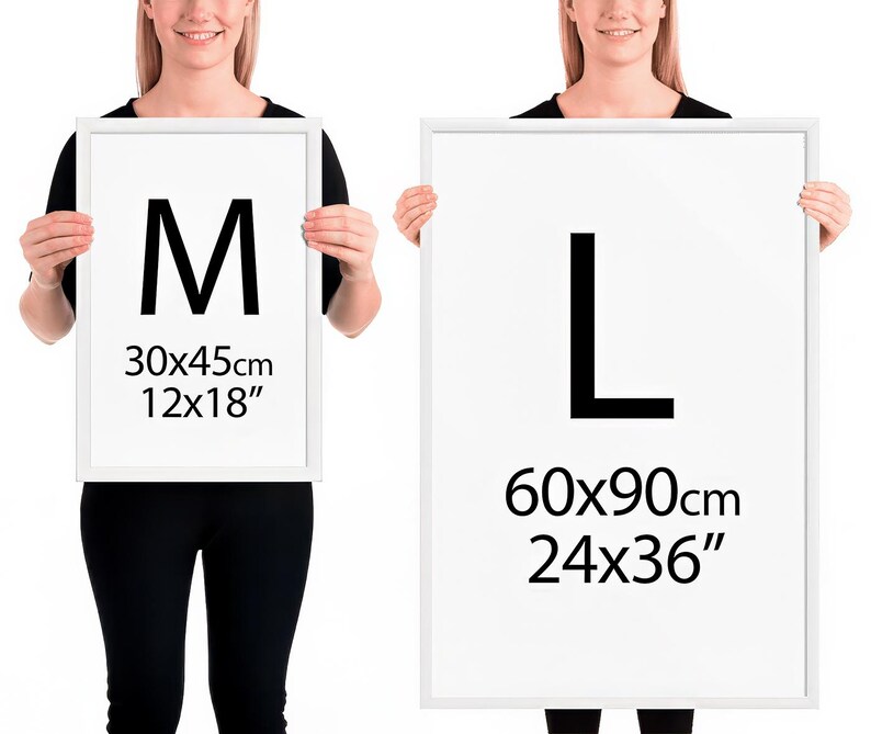 May include: Two white picture frames with black borders, one labeled "M 30x45cm 12x18" and the other labeled "L 60x90cm 24x36".