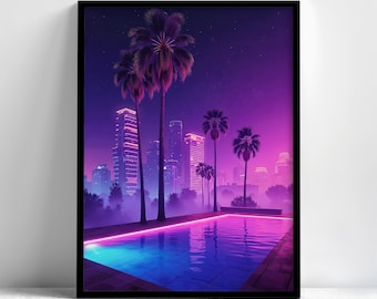 Synthwave Poolside Art Print: Neon City, Retro Palm Tree Scene