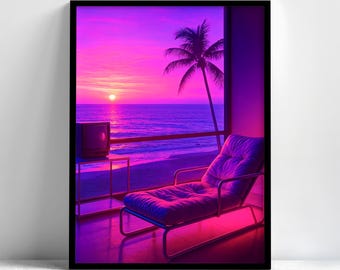 Neon Beach Sunset Framed Wall Art, Synthwave Palm Tree Poster, Vaporwave Room Decor, Retro 80s Gaming Bedroom Print
