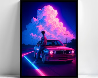 Neon Cloud Sky Car Framed Wall Art, Synthwave Dreamscape Poster, Aesthetic Wall Art, Vaporwave Decor