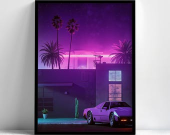 Neon House Car Framed Wall Art, Synthwave Night Scene Poster, Aesthetic Wall Art, Vaporwave Decor