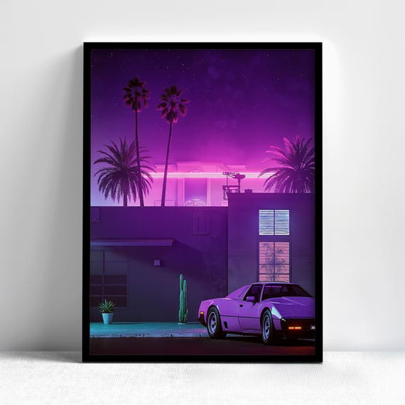 Neon House Car Framed Wall Art, Synthwave Night Scene Poster, Aesthetic Wall Art, Vaporwave Decor