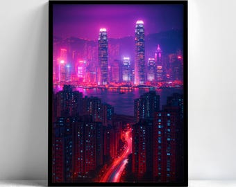 Art mural paysage urbain cyberpunk | Impression néon science-fiction | Poster urbain futuriste | Décor Synthwave