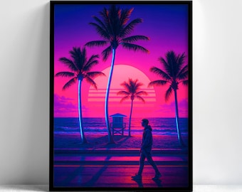 Seaside Palm Tree Framed Wall Art, Synthwave Moon Poster, Vaporwave Tropical Decor, Gaming Room Bedroom Office Print