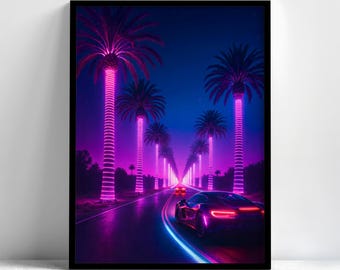 Ingelijste kunstprint met neonpalm in vaporwave-stijl: retro-futuristische decoratie