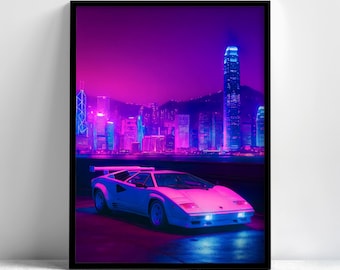 Neon Sports Car City Framed Wall Art, Synthwave Skyline Poster, Cyberpunk Decor, Aesthetic Wall Art