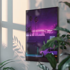 May include: A retro-style digital art print featuring a pink and purple sunset over a suburban neighborhood with palm trees and a pink sports car.