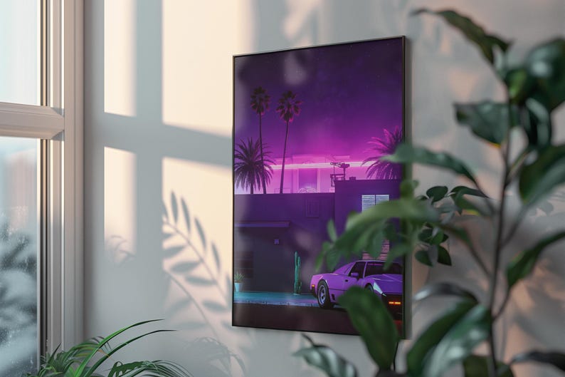 May include: A retro-style digital art print featuring a pink and purple sunset over a suburban neighborhood with palm trees and a pink sports car.