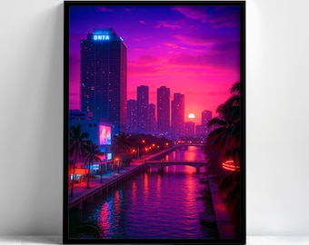 Miami Nights Framed Wall Art, Neon Skyline Print, Retro Futuristic City Decor (Premium Quality Print)