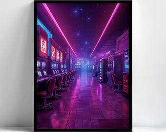 Cyberpunk Casino Art Print: Neon Slot Machine, Futuristic Decor