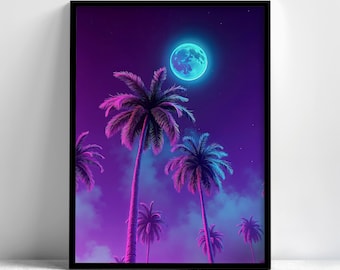 Ingelijste wanddecoratie met neonpalmbomen, synthwave tropische poster, retro jaren 80 decoratie