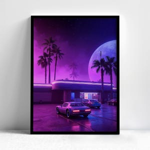 Neon Retro Diner -  Palm Trees & Classic Car, Framed Synthwave Wall Art