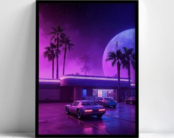Retro Neon Diner Framed Wall Art, Synthwave Poster, Aesthetic Wall Art, Vaporwave Decor