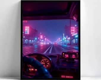Ingelijste muurdecoratie met synthwave-thema: Night Drive, neon stadsautoposter, retro jaren 80 kamerdecoratie, vaporwave print