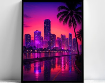Neon City Skyline Framed Wall Art, Synthwave Poster, Cyberpunk Decor, Aesthetic Wall Art