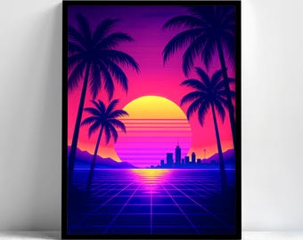 Neon Sunset Grid Framed Wall Art, Synthwave Palm Poster, Aesthetic Wall Art, Vaporwave Decor