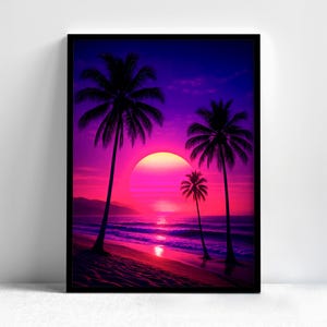 以下が含まれることがあります： 夕焼け時の熱帯ビーチの風景を描いた、額装されたアートプリント。ピンク、紫、オレンジ色の鮮やかな空を背景に、ヤシの木のシルエットが描かれています。太陽は海の上に大きく明るい円を描いています。