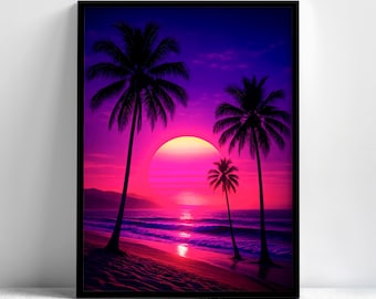 Neon Palm Beach Sunset Framed Wall Art, Synthwave Poster, Aesthetic Wall Art, Vaporwave Decor