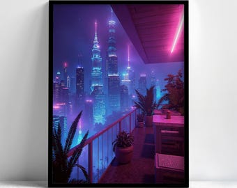 Cyberpunk Balcony City Framed Wall Art, Neon Skyline Poster, Cyberpunk Decor, Aesthetic Wall Art